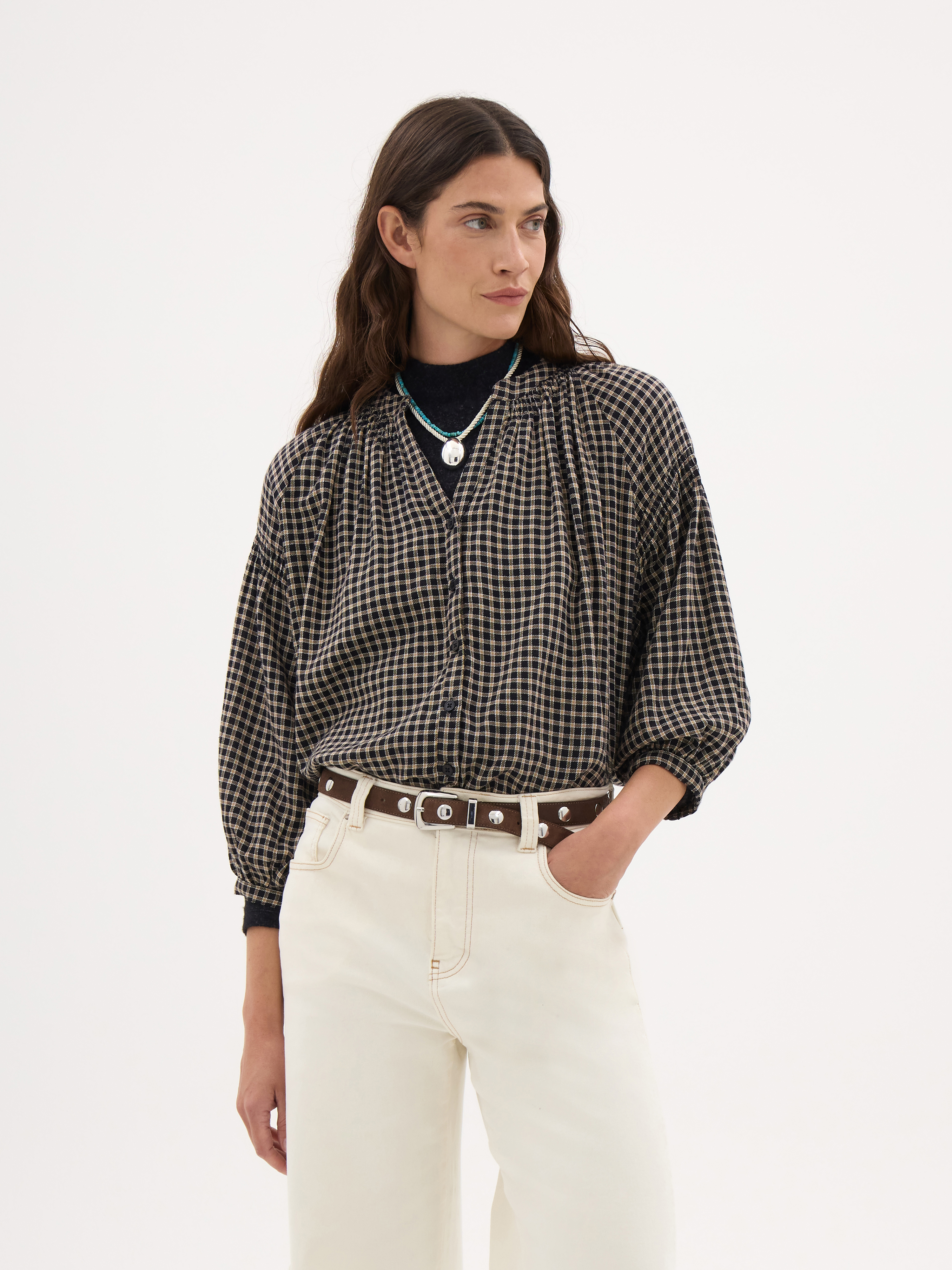 Mila Gathered Sleeve Check Blouse - Mini Check Black | Hush