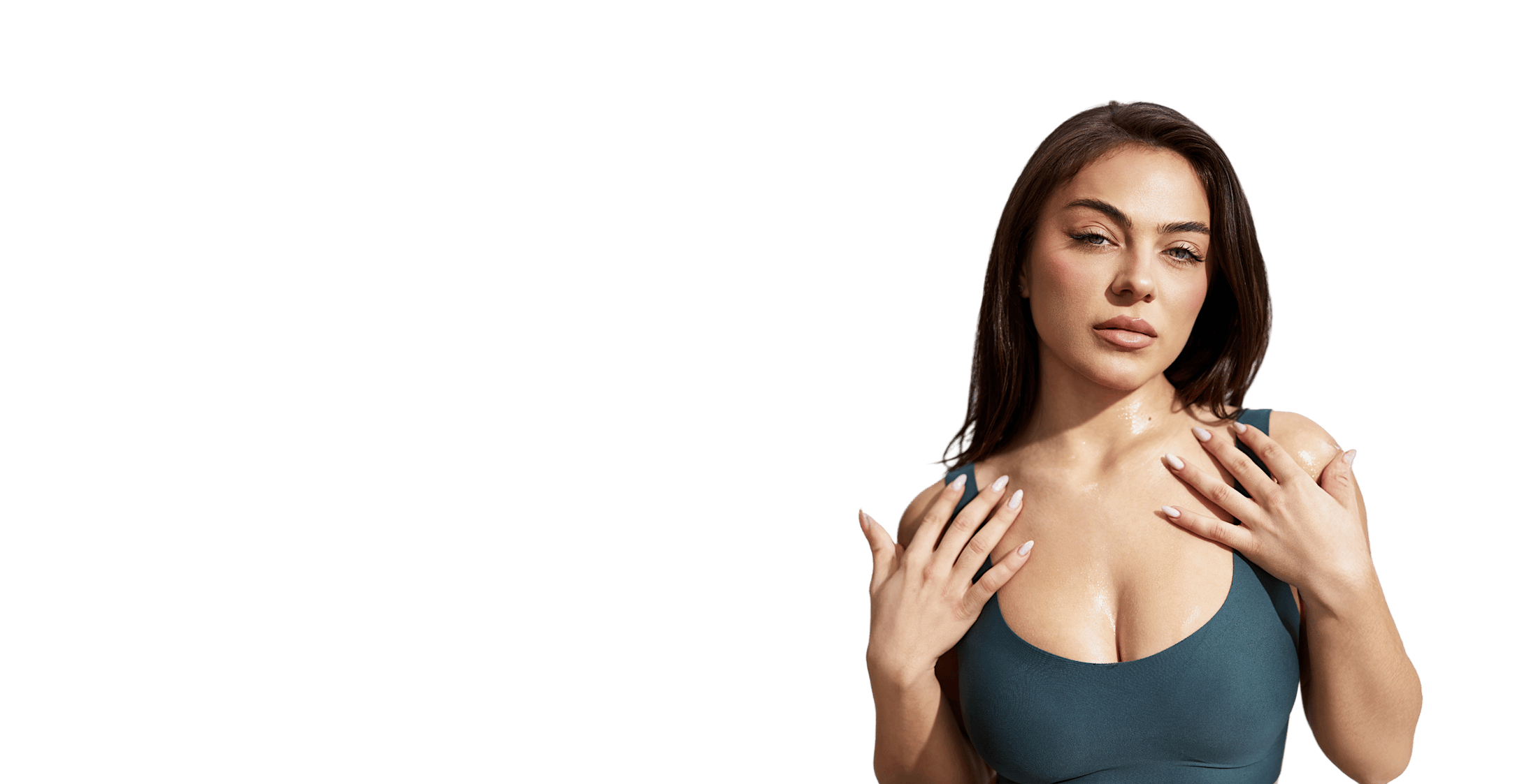 Woman with her hands on her shoulders