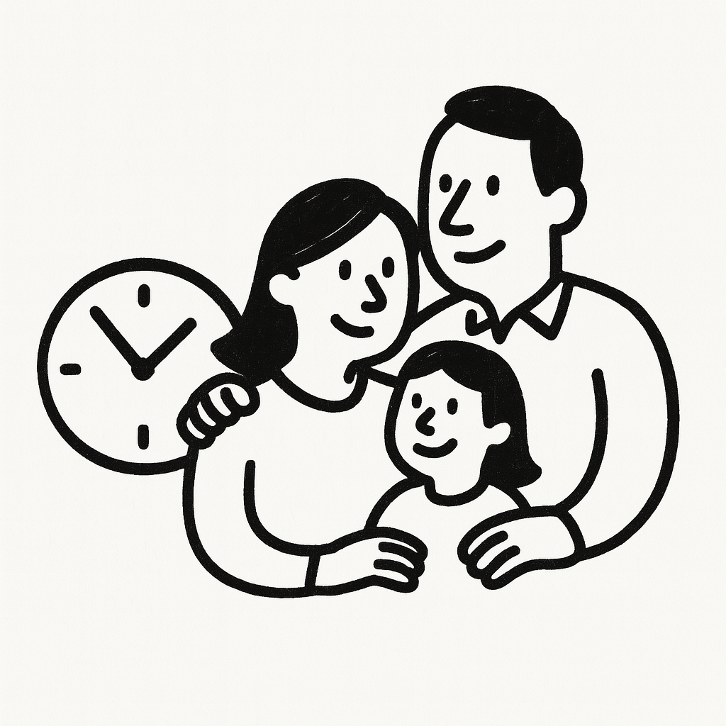 Hand-drawn black and white sketch of a happy family with a clock, symbolizing time freedom and work-life balance through business ownership