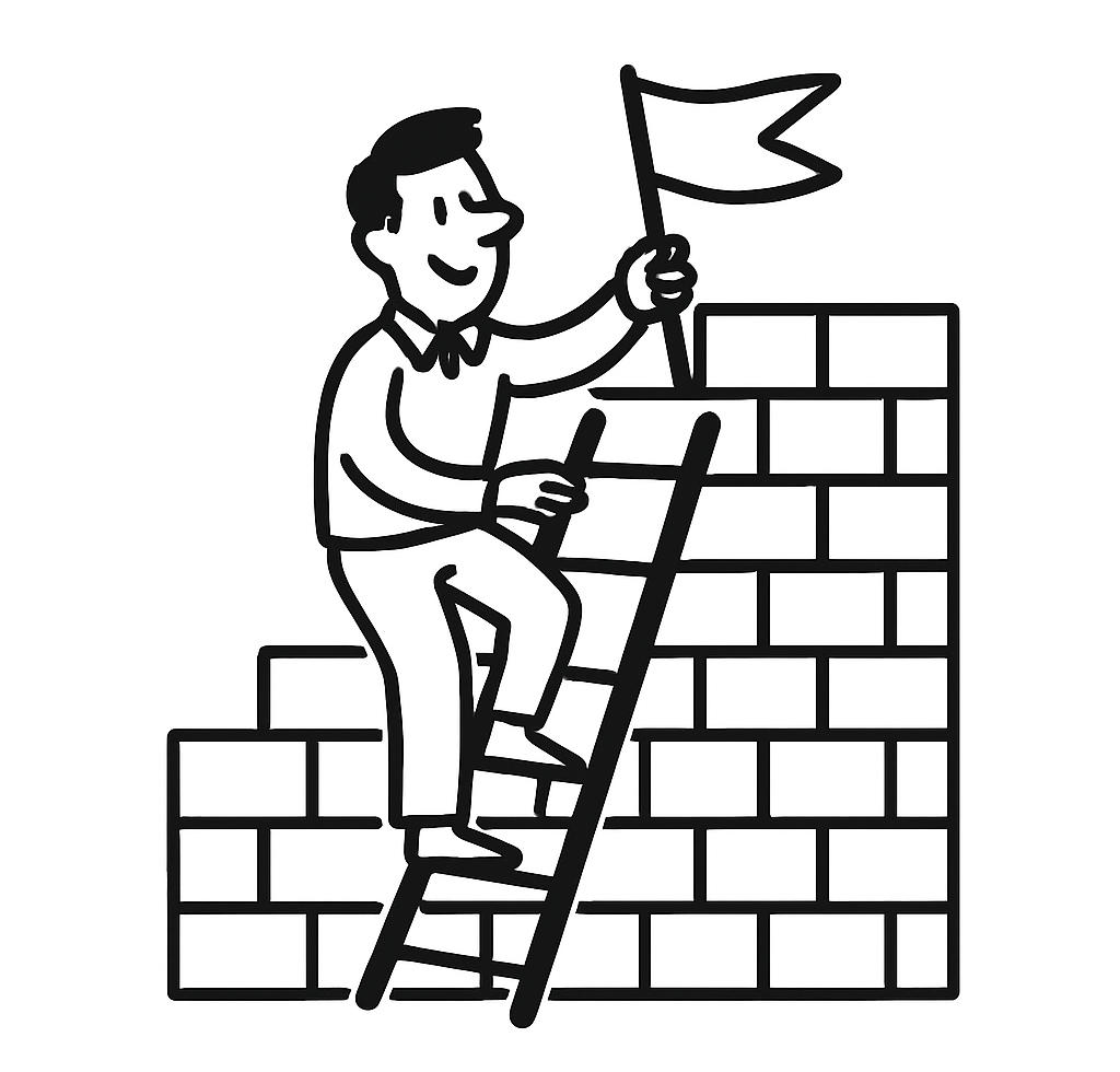 Hand-drawn sketch of a man climbing a ladder and planting a flag, symbolizing business ownership and entrepreneurial success through acquisition