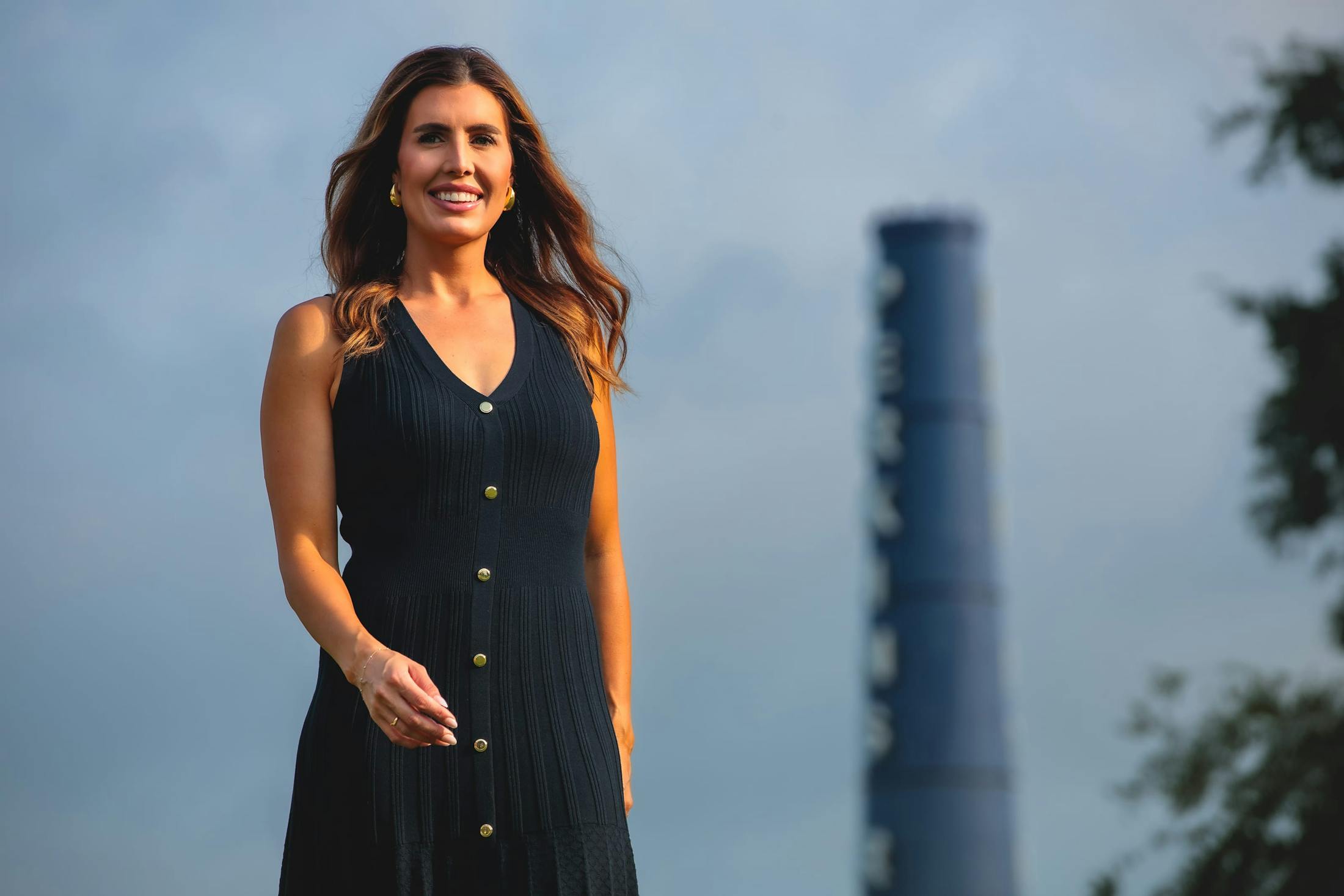 woman in a long blue dress