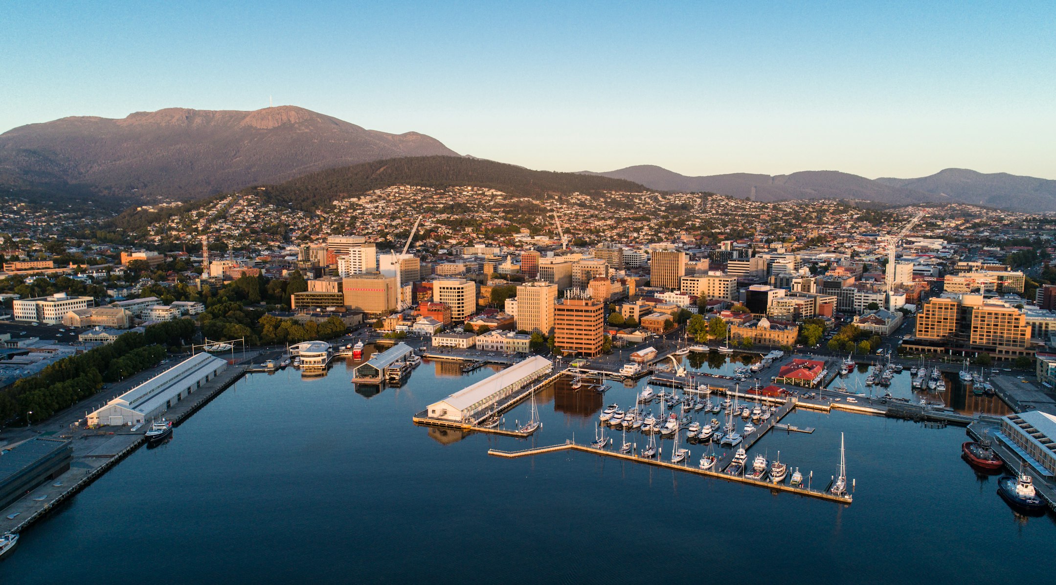harbour,capital,sunrise,tasmania,city,old,australia,hobart,aerial,water,sea,calm,buildings,cityscape,wharf,dawn,architecture