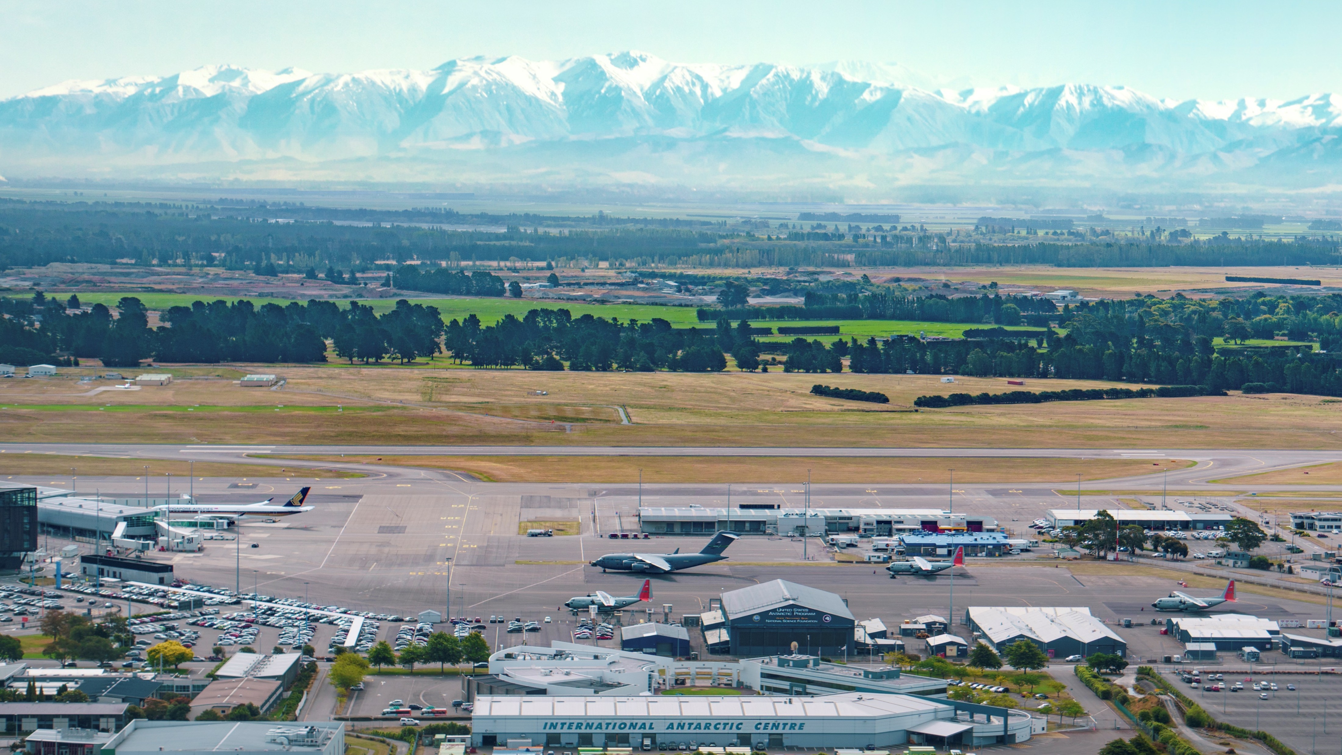 Birds-eye-view of International Antarctic Centre and Christchurch Airport