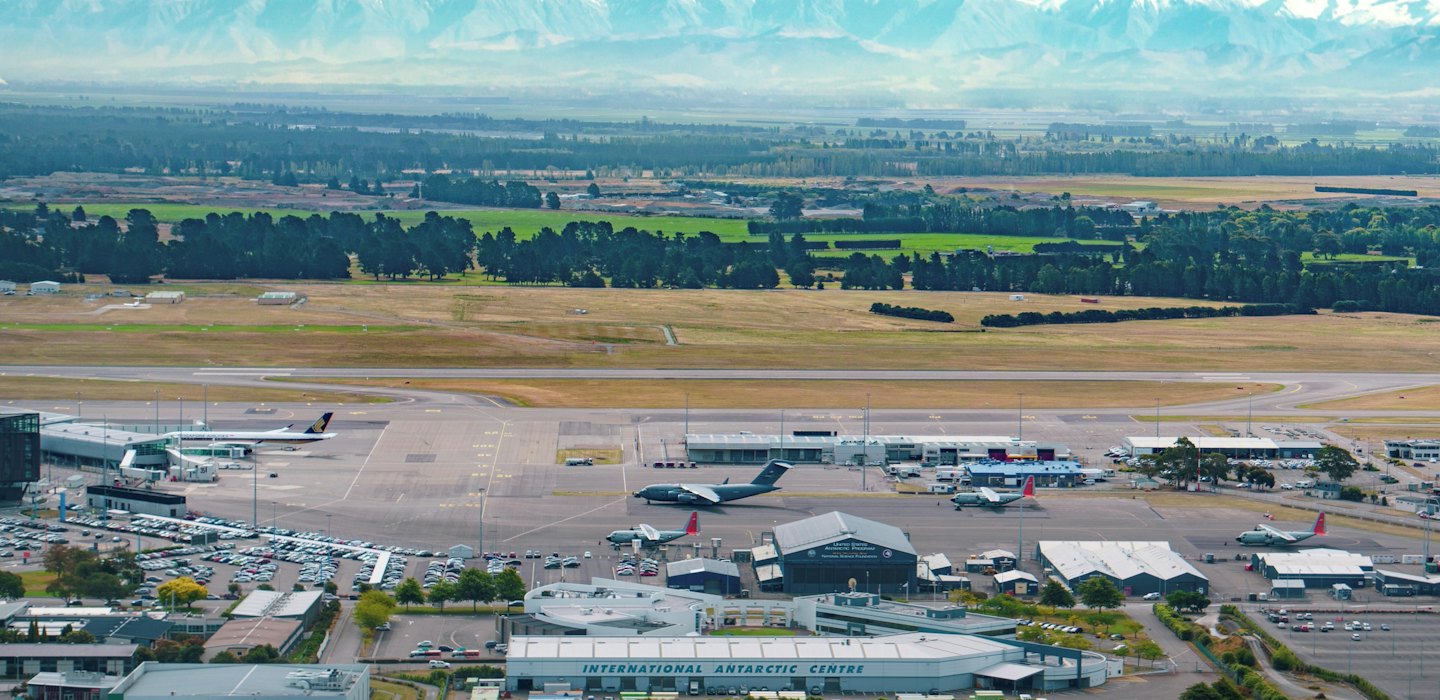Birds-eye-view of International Antarctic Centre and Christchurch Airport
