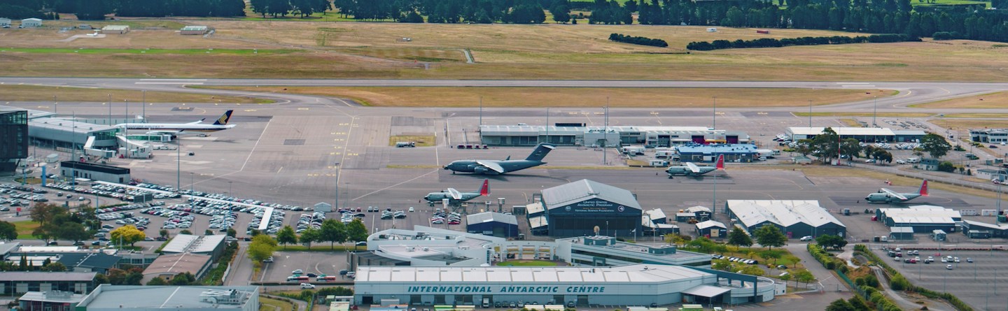 Birds-eye-view of International Antarctic Centre and Christchurch Airport