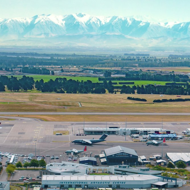 Birds-eye-view of International Antarctic Centre and Christchurch Airport