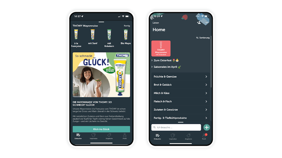 Two smartphones display a German grocery shopping app. The left screen shows a mayonnaise ad; the right screen shows a navigation menu with food categories.