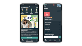 Two smartphones display a German grocery shopping app. The left screen shows a mayonnaise ad; the right screen shows a navigation menu with food categories.