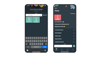 Two smartphone screens show a German-language grocery app with a dark interface; one displays a search for "Mayonnaise," the other shows the home menu with shopping categories.