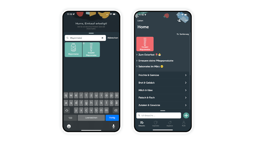 Two smartphone screens show a German-language grocery app with a dark interface; one displays a search for "Mayonnaise," the other shows the home menu with shopping categories.