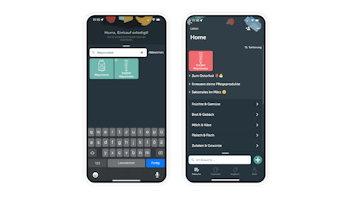 Two smartphone screens show a German-language grocery app with a dark interface; one displays a search for "Mayonnaise," the other shows the home menu with shopping categories.