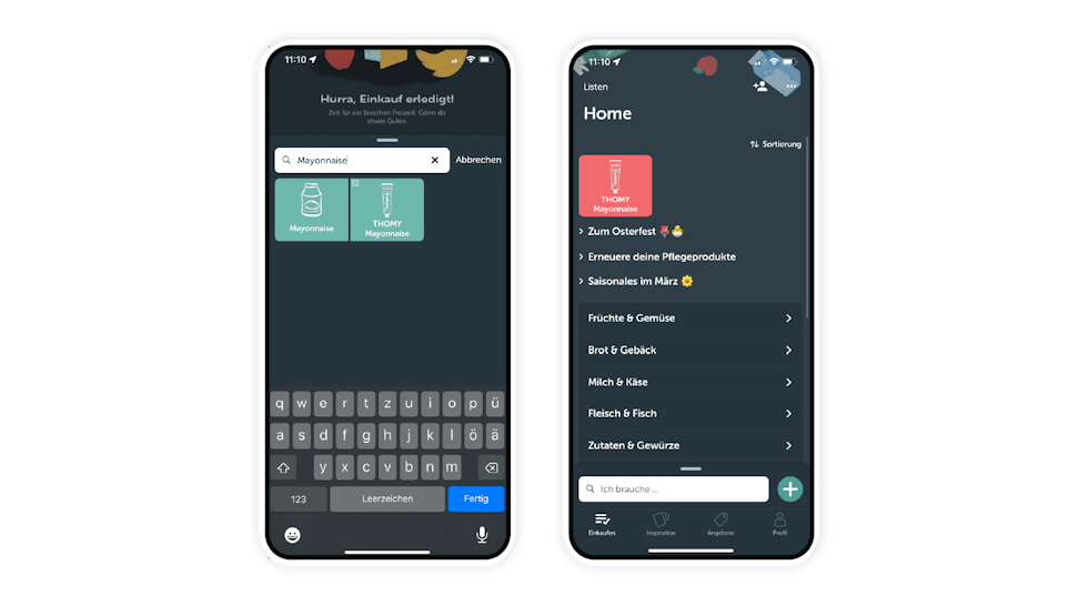 Two smartphone screens show a German-language grocery app with a dark interface; one displays a search for "Mayonnaise," the other shows the home menu with shopping categories.