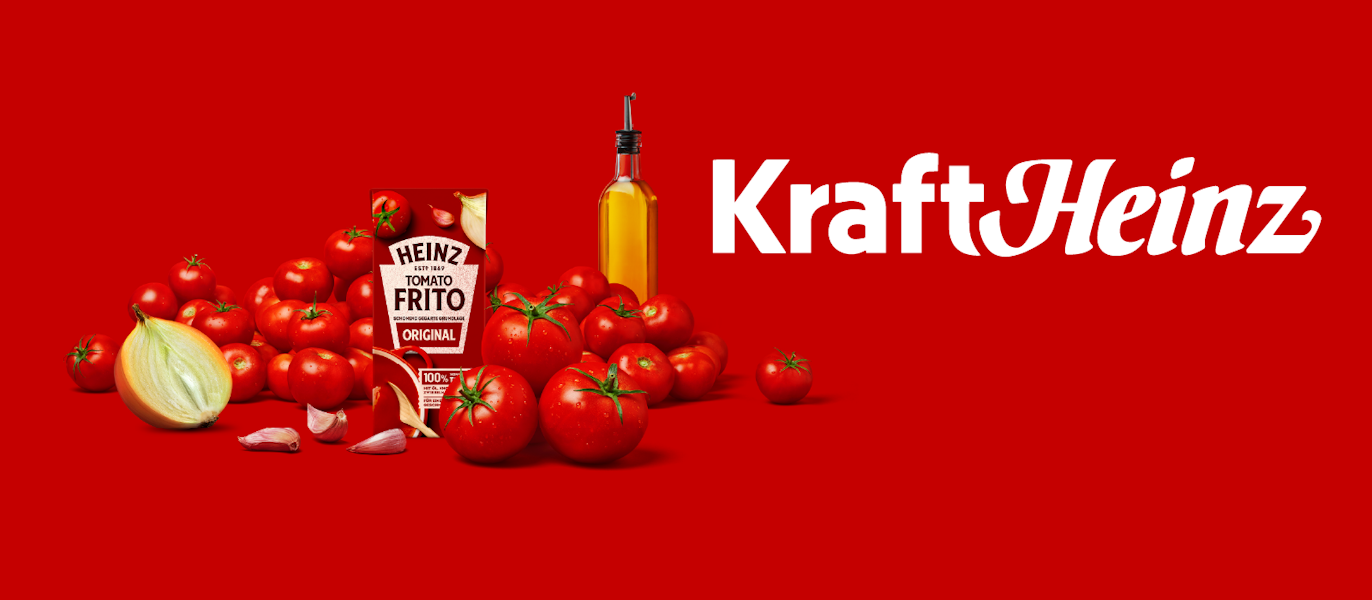 Heinz tomato frito sauce, tomatoes, garlic, an onion, and a bottle of oil are displayed on a red background with the Kraft Heinz logo.