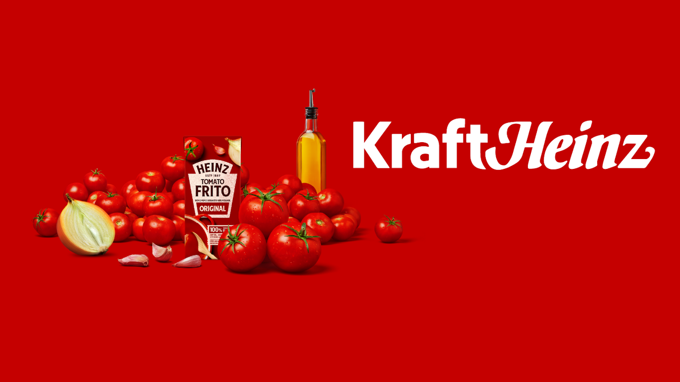 Heinz tomato frito sauce, tomatoes, garlic, an onion, and a bottle of oil are displayed on a red background with the Kraft Heinz logo.