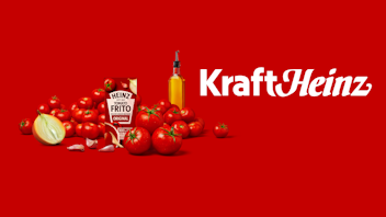 Heinz tomato frito sauce, tomatoes, garlic, an onion, and a bottle of oil are displayed on a red background with the Kraft Heinz logo.