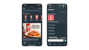 Two smartphone screens display a food-related app in German, showing Heinz tomato products, recipes, and a shopping list interface.