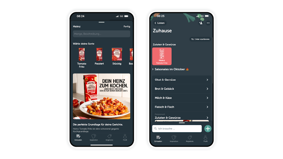 Two smartphone screens display a food-related app in German, showing Heinz tomato products, recipes, and a shopping list interface.