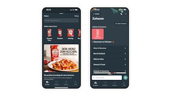 Two smartphone screens display a food-related app in German, showing Heinz tomato products, recipes, and a shopping list interface.