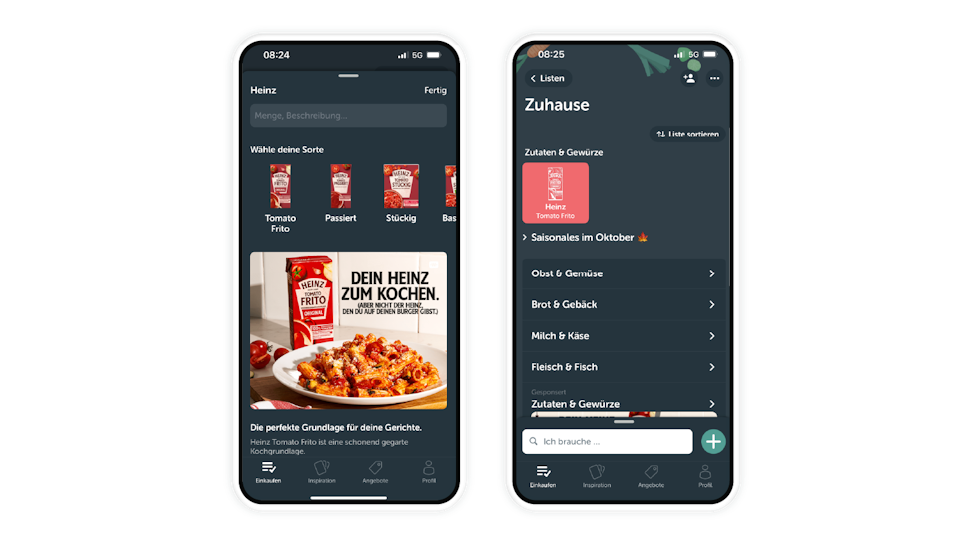Two smartphone screens display a food-related app in German, showing Heinz tomato products, recipes, and a shopping list interface.