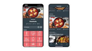 Two smartphone screens display a recipe app featuring a shakshuka dish, showing ingredients, recipe instructions, and navigation options.