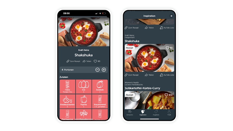 Two smartphone screens display a recipe app featuring a shakshuka dish, showing ingredients, recipe instructions, and navigation options.