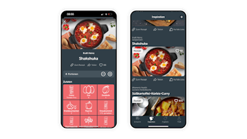 Two smartphone screens display a recipe app featuring a shakshuka dish, showing ingredients, recipe instructions, and navigation options.