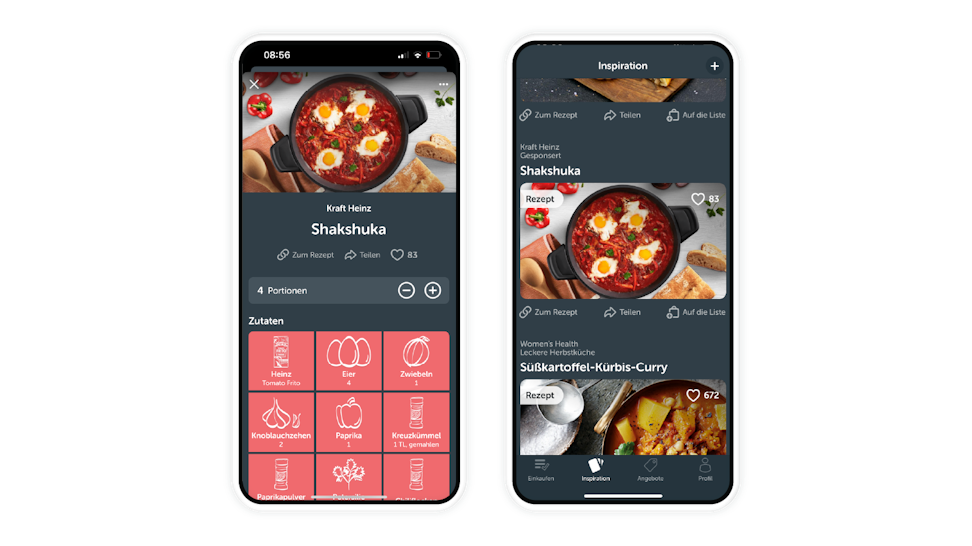 Two smartphone screens display a recipe app featuring a shakshuka dish, showing ingredients, recipe instructions, and navigation options.