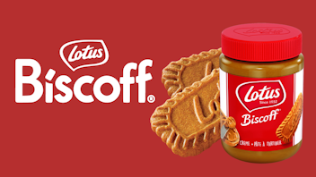 Lotus Biscoff Logo und Abbildung der Lotus Biscoff creme mit 2 Keksen