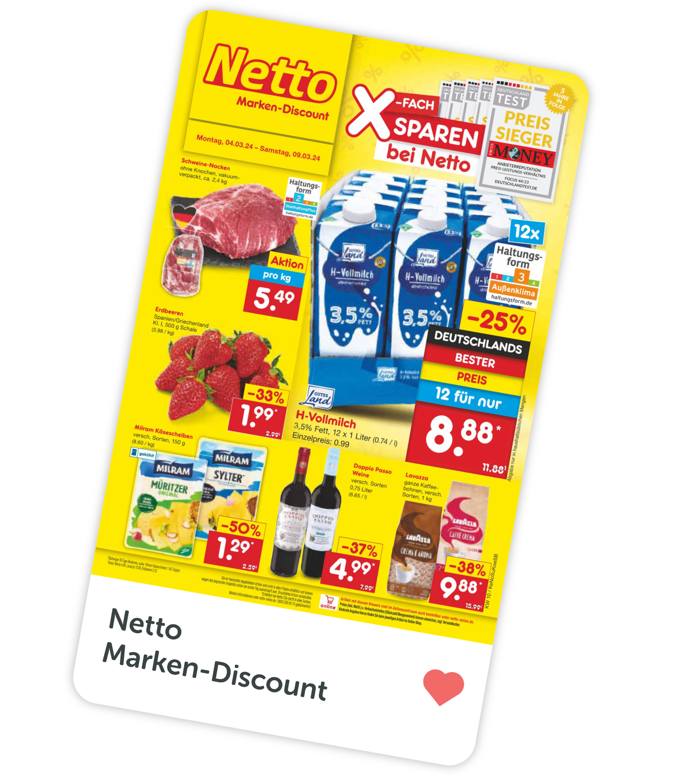 Ein Flyer von Netto Marken-Discount zeigt verschiedene Lebensmittel und Preise, darunter Fleisch, Milch, Erdbeeren, Saft und Haushaltsprodukte auf gelbem Hintergrund.