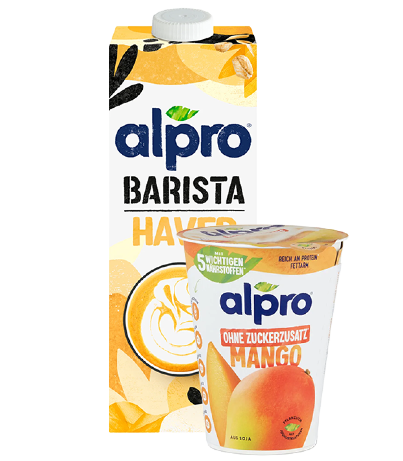 Alpro Barista Haferdrink-Karton und Alpro Mango-Joghurtbecher mit Soja, beide mit bunten Früchten und Markenlogos auf der Verpackung.
