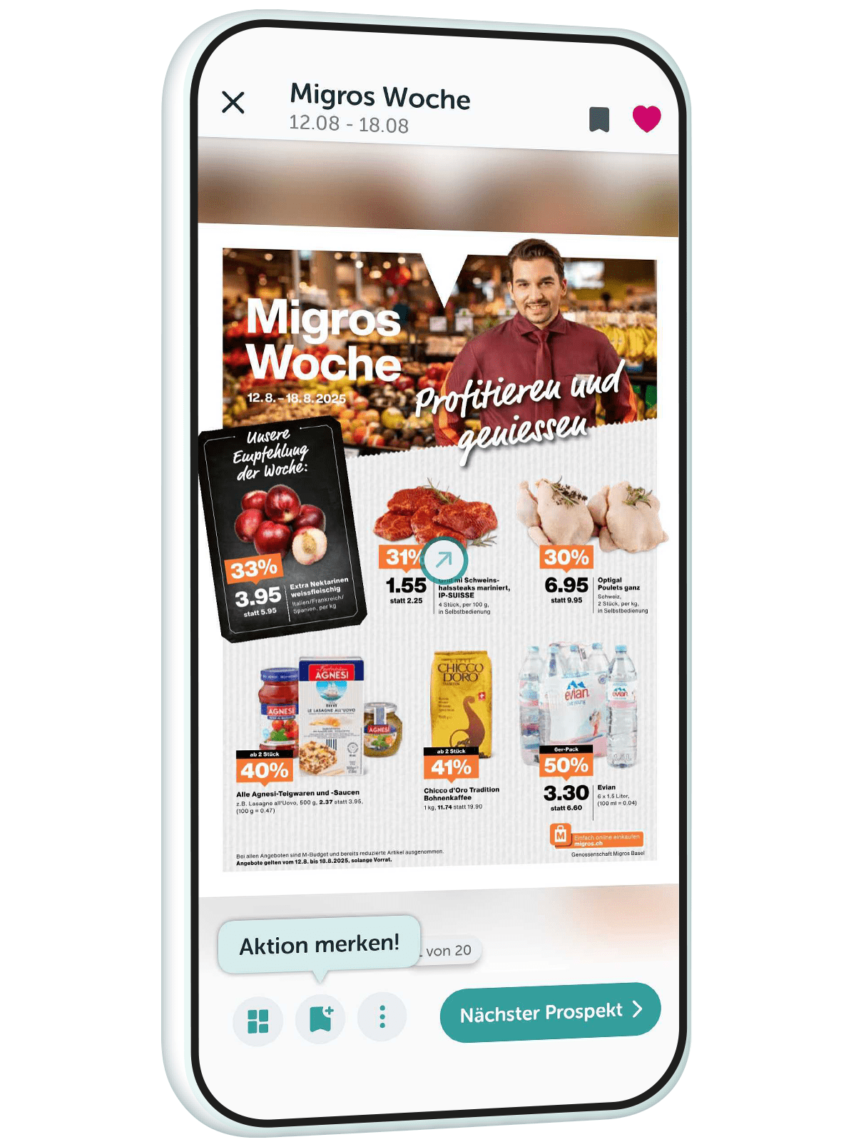 Auf einem Smartphone wird die Profital App mit einem Flyer des Migros-Supermarkts angezeigt, der Rabatte auf Fleisch, Tomaten, Hähnchen, Getränke und andere Lebensmittel enthält, mit einem Mann in der oberen rechten Ecke.