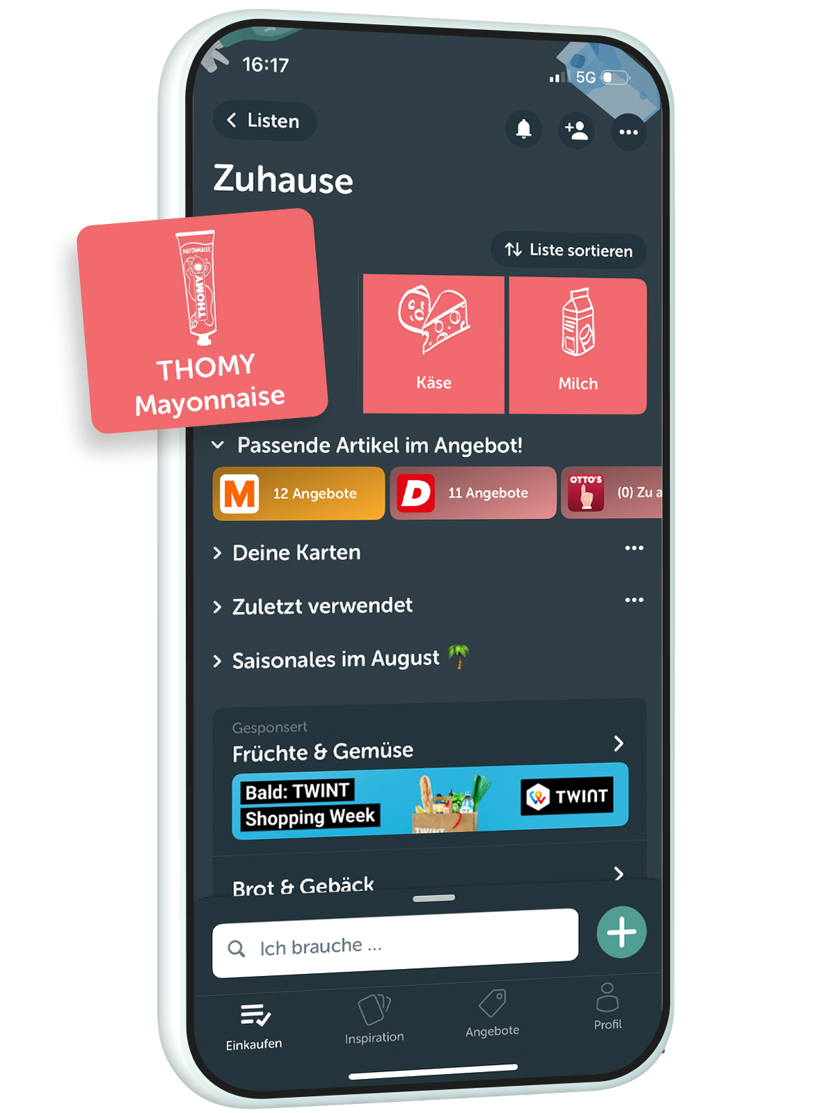 Auf dem Bildschirm eines Smartphones mit der Bring! App ist eine Einkaufs-App in deutscher Sprache zu sehen, die Kategorien wie Käse und Milch anzeigt, mit einem hervorgehobenen Angebot für THOMY Mayonnaise.