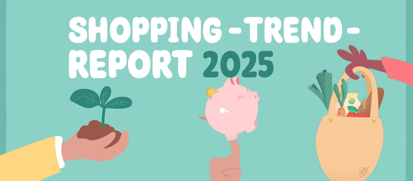 Illustration with the text “Shopping Trend Report 2025,” showing hands holding a sprouting plant, a piggy bank, and a grocery bag with food.