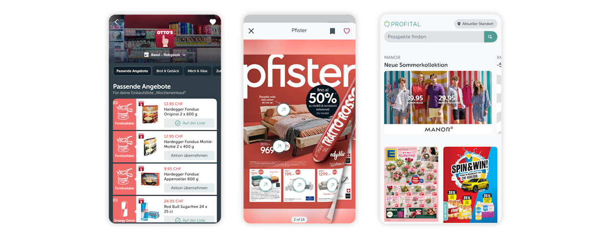 Screenshot von Profital App-Bildschirmen, auf denen Supermarktangebote, Produktrabatte und beliebte Broschüren von Geschäften wie SPAR, Netto, Woolworth und NKD in deutscher Sprache angezeigt werden.