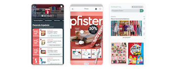 Screenshot von Profital App-Bildschirmen, auf denen Supermarktangebote, Produktrabatte und beliebte Broschüren von Geschäften wie SPAR, Netto, Woolworth und NKD in deutscher Sprache angezeigt werden.