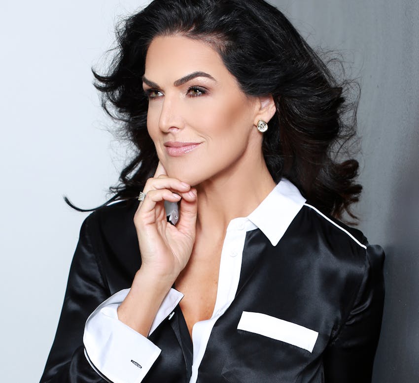 Woman in a black silk blouse