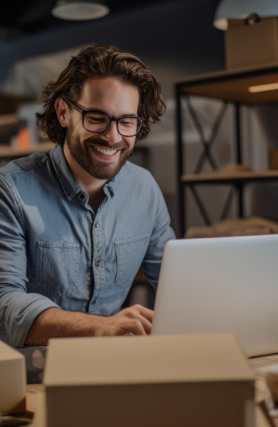 Pan przeglądający komputer na tle magazyn z paczkami