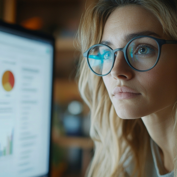 Specjalistka analizująca dane sprzedażowe e-commerce w Google Analytics na ekranie komputera