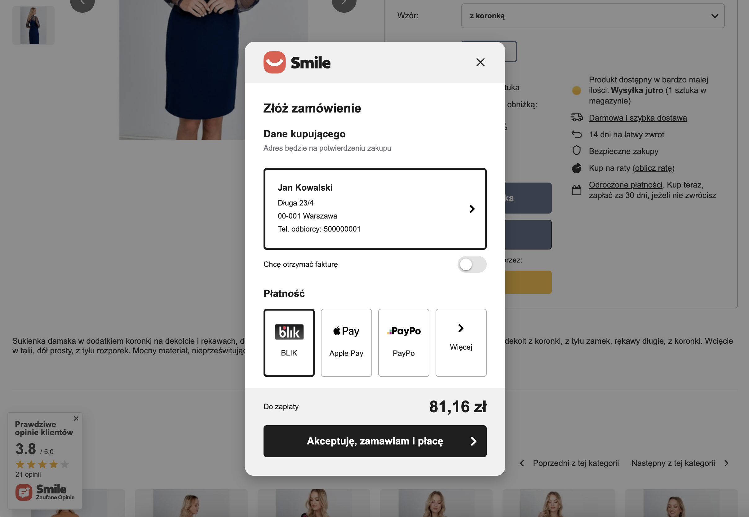 Okno Express Checkout i Smile z danymi kupującego oraz wyborem płatności (BLIK, Apple Pay, PayPo) i przyciskiem „Akceptuję, zamawiam i płacę”.