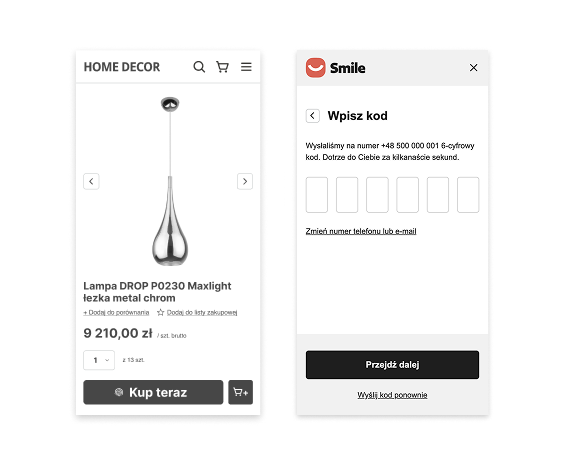 Ekran produktu w sklepie internetowym z przyciskiem „Kup teraz” oraz okno Express Checkout Smile do wpisania 6-cyfrowego kodu weryfikacyjnego wysłanego SMS-em.