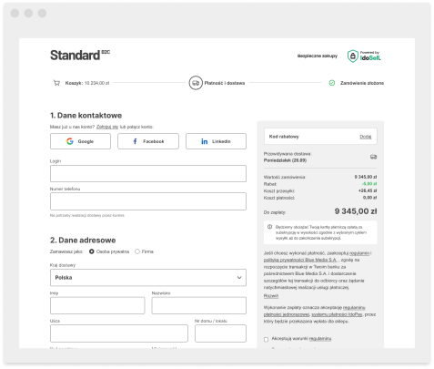 Widok One Step Checkout w sklepie internetowym – formularz danych kontaktowych i adresowych oraz podsumowanie zamówienia z wyborem dostawy i płatności.