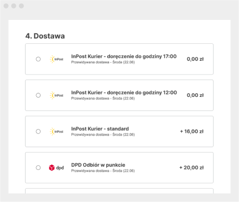 Sekcja „Dostawa” w One Step Checkout z listą metod dostawy (InPost Kurier, DPD Odbiór w punkcie), cenami oraz przewidywaną datą doręczenia.