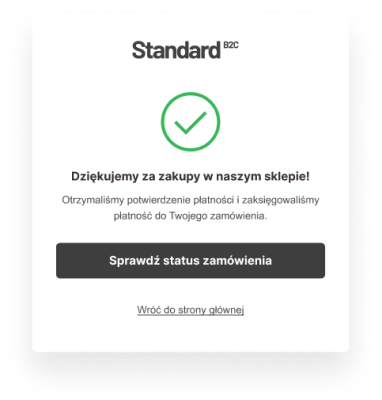 Ekran podziękowania po zakupie w One Step Checkout z potwierdzeniem płatności oraz przyciskiem „Sprawdź status zamówienia”.