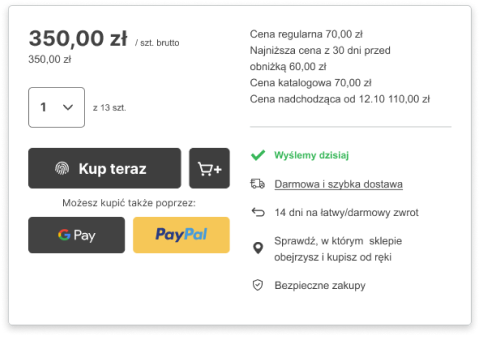 Widok karty produktu z przyciskiem „Kup teraz” oraz opcjami szybkiej płatności (Google Pay, PayPal) i informacjami o dostawie oraz zwrotach.