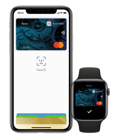 Ekran płatności Apple Pay na iPhonie z autoryzacją Face ID oraz potwierdzenie transakcji na Apple Watch.