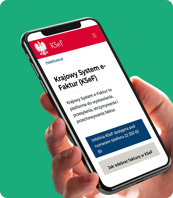 Smartfon z otwartą stroną Krajowego Systemu e-Faktur (KSeF), prezentujący cyfrowe fakturowanie i obsługę e-Faktur online