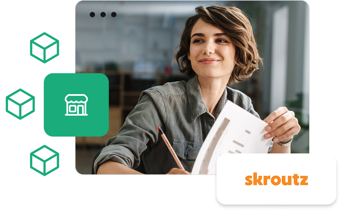 Integracja sklepu IdoSell ze Skroutz Kobieta pracująca przy biurku z dokumentami oraz logo Skroutz