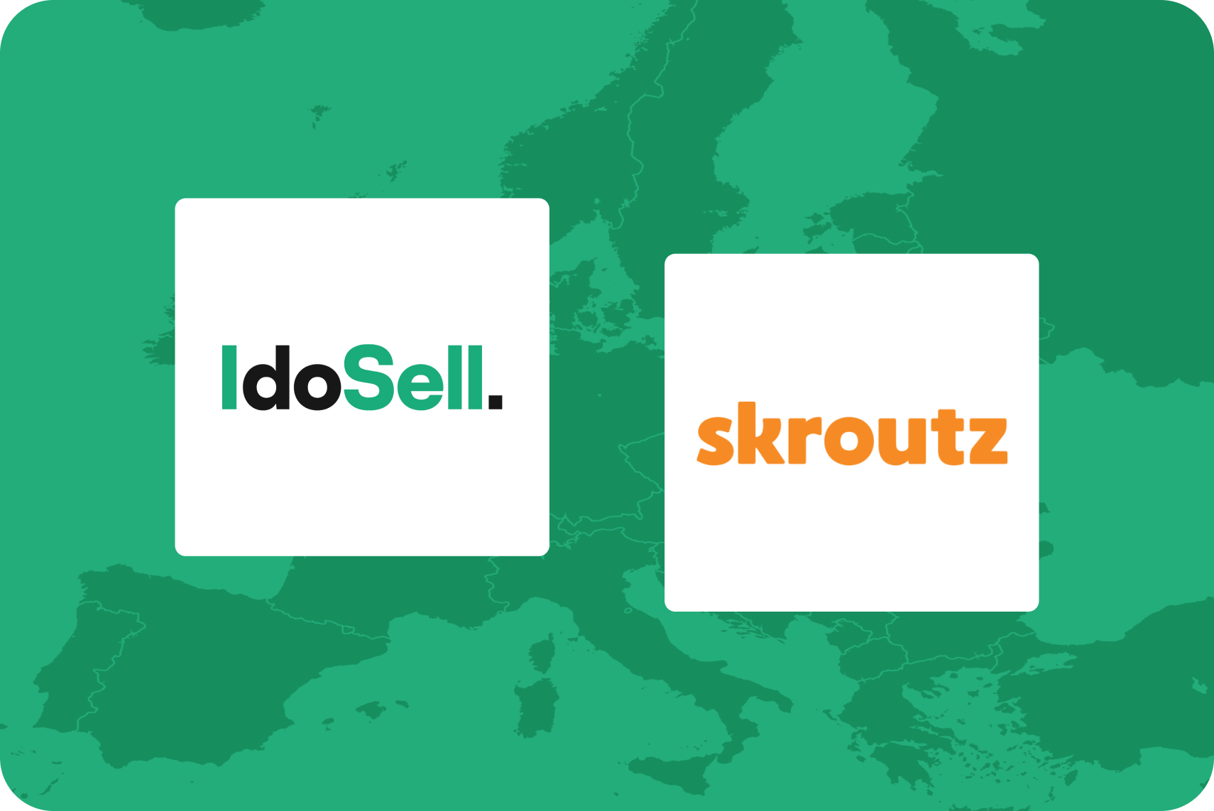 Integracja sklepu internetowego z greckim Skroutz Logotypy IdoSell i Skroutz na tle mapy Europy