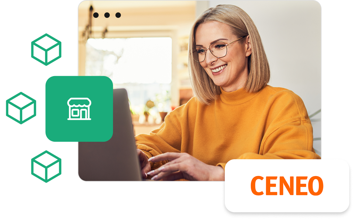 Kobieta pracująca przy laptopie oraz logo Ceneo