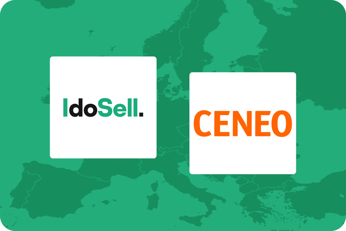 Logotypy IdoSell i Ceneo na tle mapy Europy